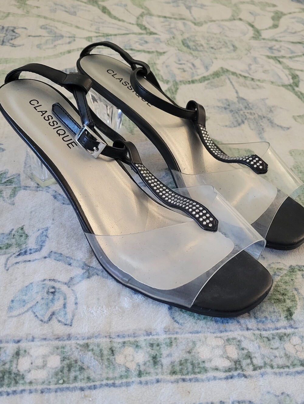 CLASSIQUE Black Clear-Strap Women's Slingback Sandals with Rhinestone T-Bar
